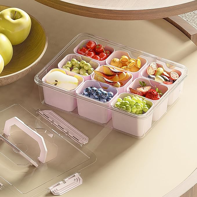 REBECAT Divided Serving Tray with Lid and Handles 9 Compartments Snack Box Container Charcuterie Organizer Snackle Box Container for Candy,Nuts，Fruits,Snacks,2 Pack,Pink