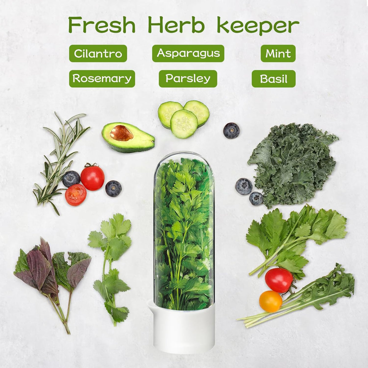 Herb Keeper for Refrigerator, Herb Saver for Refrigerator, Cilantro Container, Vegetable Preservation Bottle for Cilantro, Mint, Parsley, Asparagus, Keeps Greens Fresh for 2-3 Weeks (3PCS)