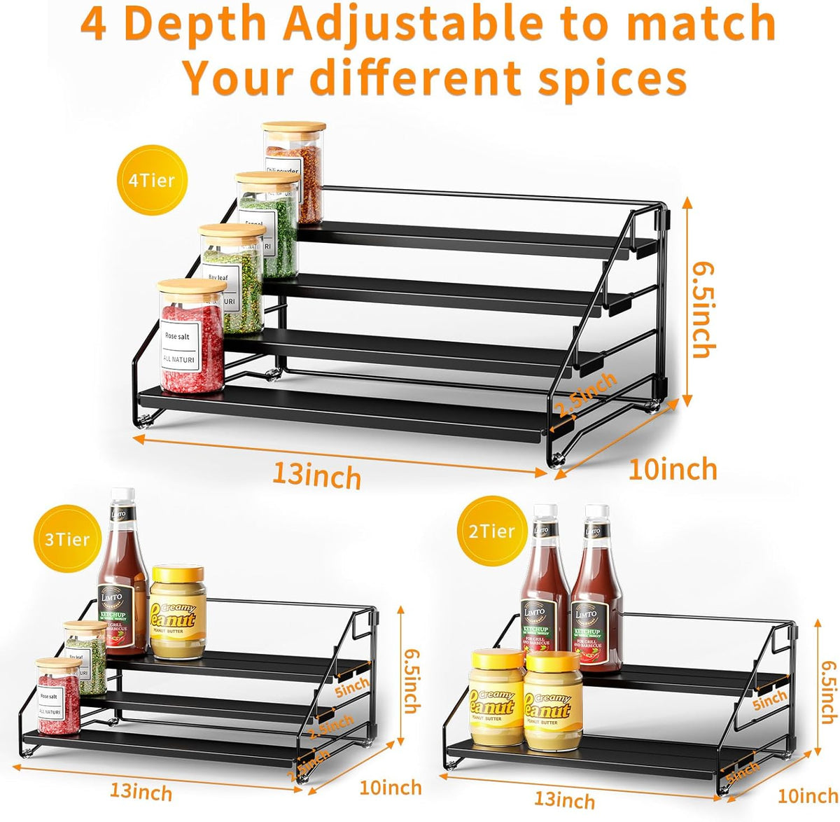RCHYFEED Spice Rack Organizer for Cabinet Pantry,4 Tier Spice Rack Countertop, Depth Adjustable Spice Organization for Cabinet,Tierd Seasoning Organizer for Cabinet(Black, 1Pack)