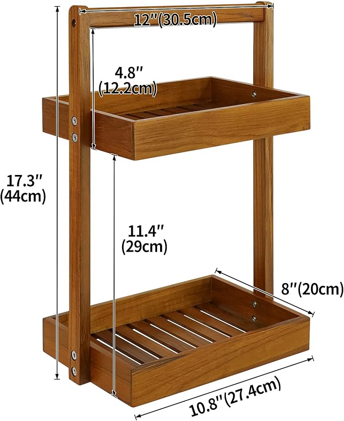 Utoplike Teak Wood Shower Caddy Corner, 2 Tier Bathroom Organizer Countertop, Standing Shower Rack with Handle, Stand Up Shower Basket for Shampoo, Shelf Rack for Inside Shower, Kitchen Desktop