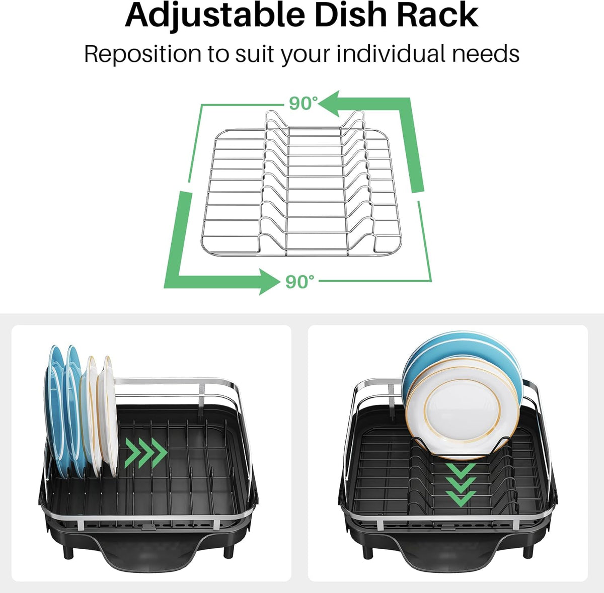 SNTD Dish Drying Rack, Expandable Dish Rack for Kitchen Counter, Stainless Steel Dish Drainer with Drainboard Set and Utensil Holder (Black)