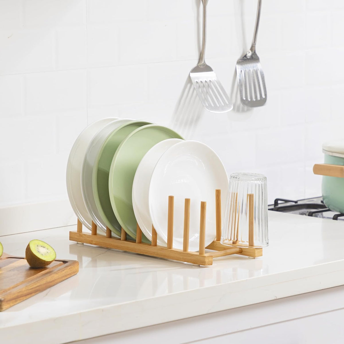 Bamboo Dish Drying Rack for Kitchen Counter and Cabinet, Dish/Book/Plate/Bowl/Cup/Cutting Board/Pot Lid Organizer for Kitchen, Living Room, Study, Display Cabinet (8 Slots)