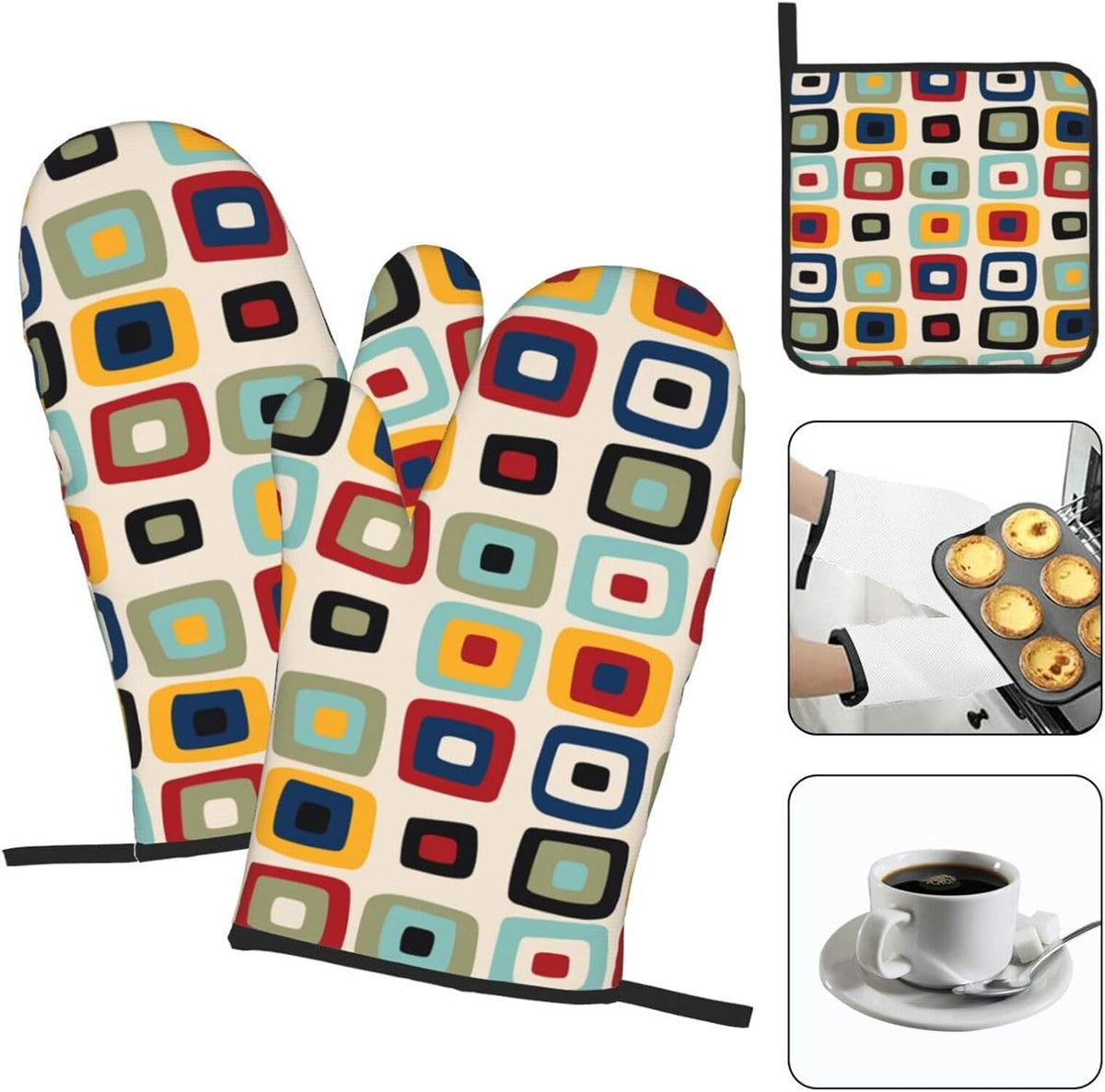 Mid Century Modern Retro Oven Mitts and Pot Holders Sets of 3 Heat Resistant Non Slip Vintage Decorative BBQ Gloves for Cooking Grilling Baking Kitchen Decor