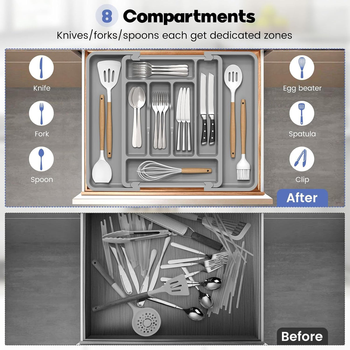 Caperci Large Silverware Organizer for Kitchen Drawer & Utensils - Expandable Drawer Organizer for Cutlery, Flatware & Gadget, BPA-Free Thick Plastic, Wider Compartments & Non-skid Feet (Medium Gray)