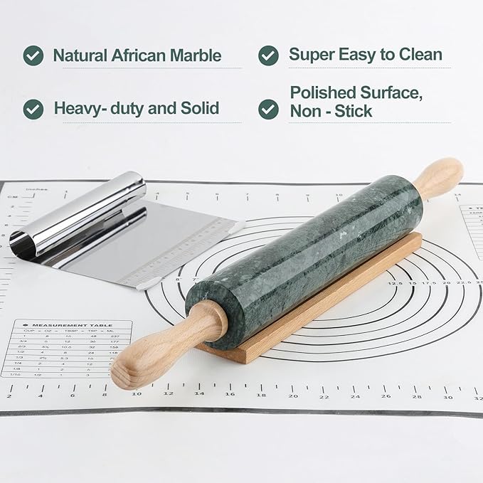 Koville Indian Natural Marble Rolling Pin, Non-Stick Polished Dough Roller, Pasta, Dumpling, Fondant, Pie Crust, Bread, Pizza Dough, Kitchen Baking Pastry Tools with Mat/Scraper(Indian Green)
