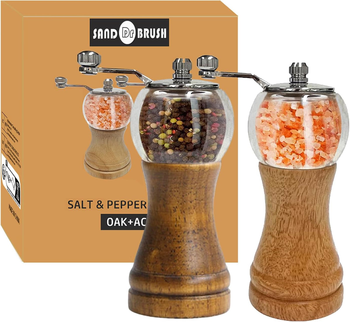 Salt and Pepper Mill Manual Pepper Grinder Set, Classical Hand Shake Wooden Pepper Mills Set Ceramic Core Grinding Metal Handle, 6in Two tone combination set Enjoy Fresh Ground Pepper Sea Salt