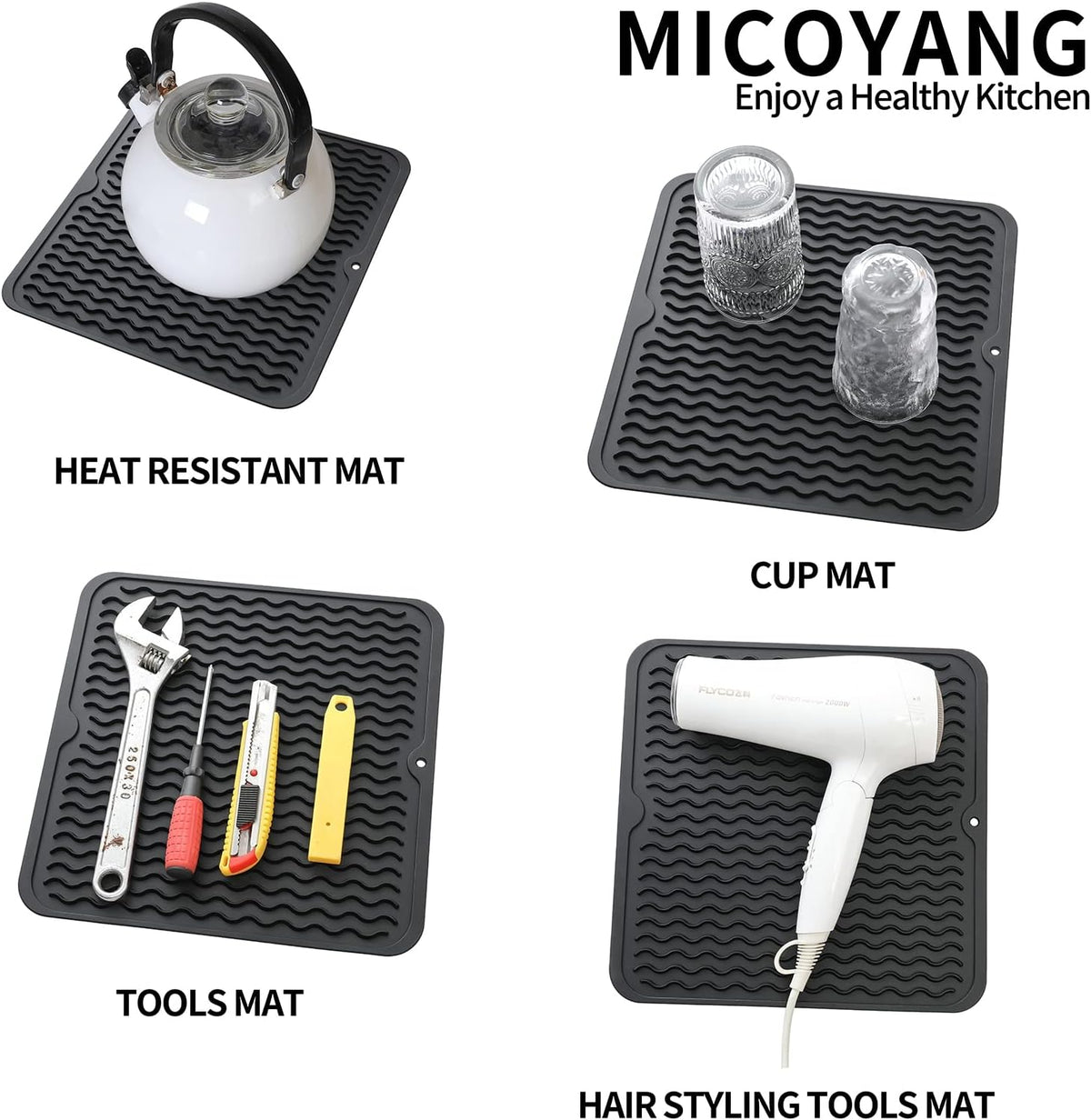 Silicone Dish Drying Mat for Multiple Usage,Easy clean,Eco-friendly,Heat-resistant Silicone Mat for Kitchen Counter or Sink,Refrigerator or Drawer liner Black M 12 inches x 12 inches