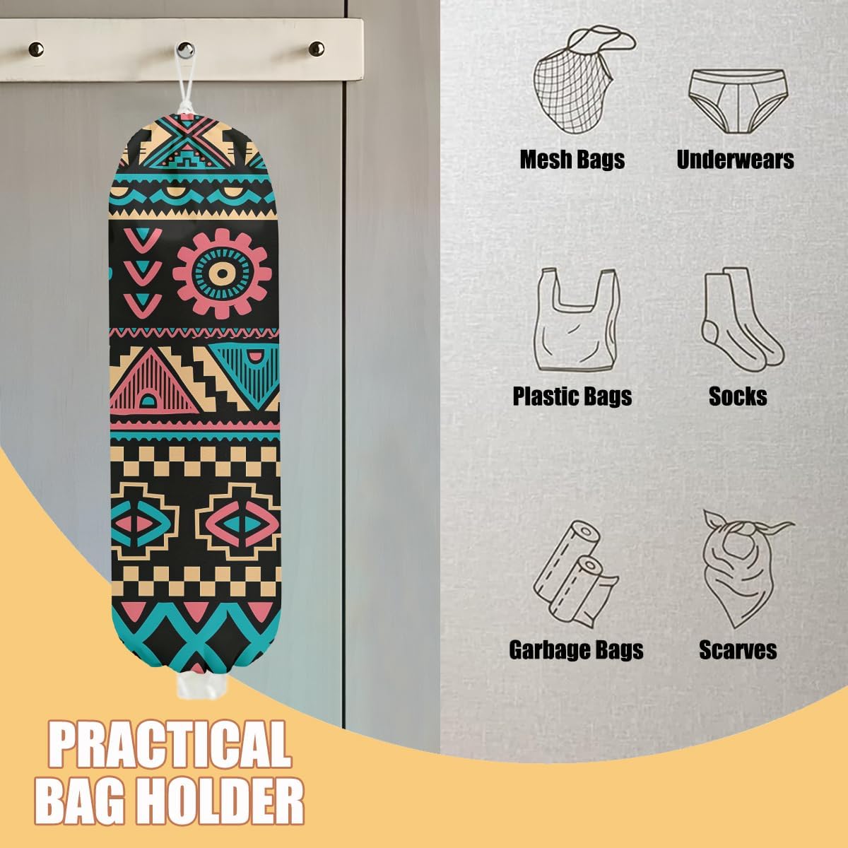 2 Pcs Retro Boho Plastic Bag Holder, Wall Mount Grocery Bag Holder for Plastic Storage bag, Abstract Art Farmhouse Kitchen Decor Reusable Grocery Bags Organizer Storage Dispenser, Gifts for Women