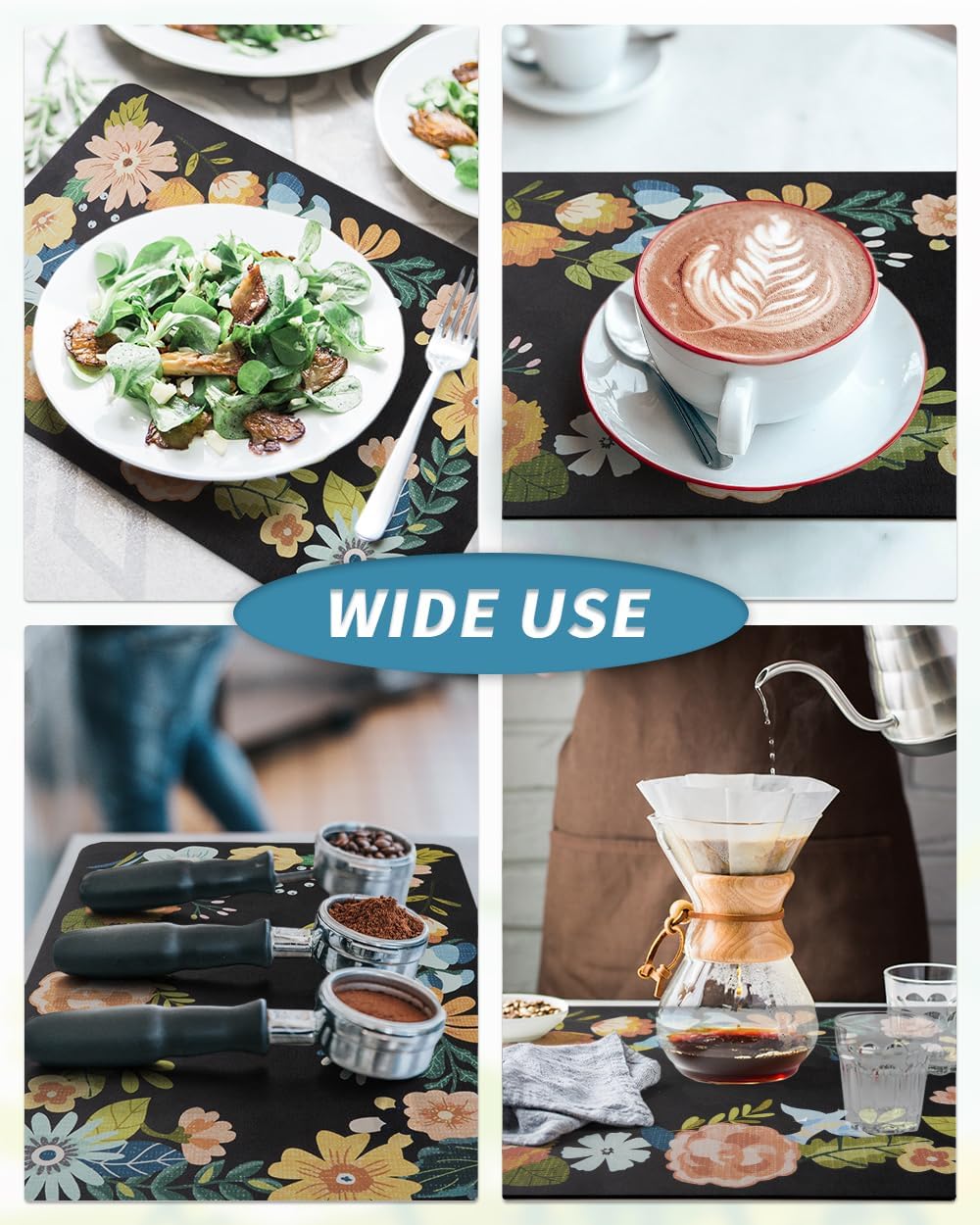 AMOAMI Coffee Mat Hide Stain Rubber Backed Absorbent Dish Drying Mat for Kitchen Counter - Bar Accessories Fit Under Coffee Maker, Espresso Machine, Dish Rack - Floral Black 12x19