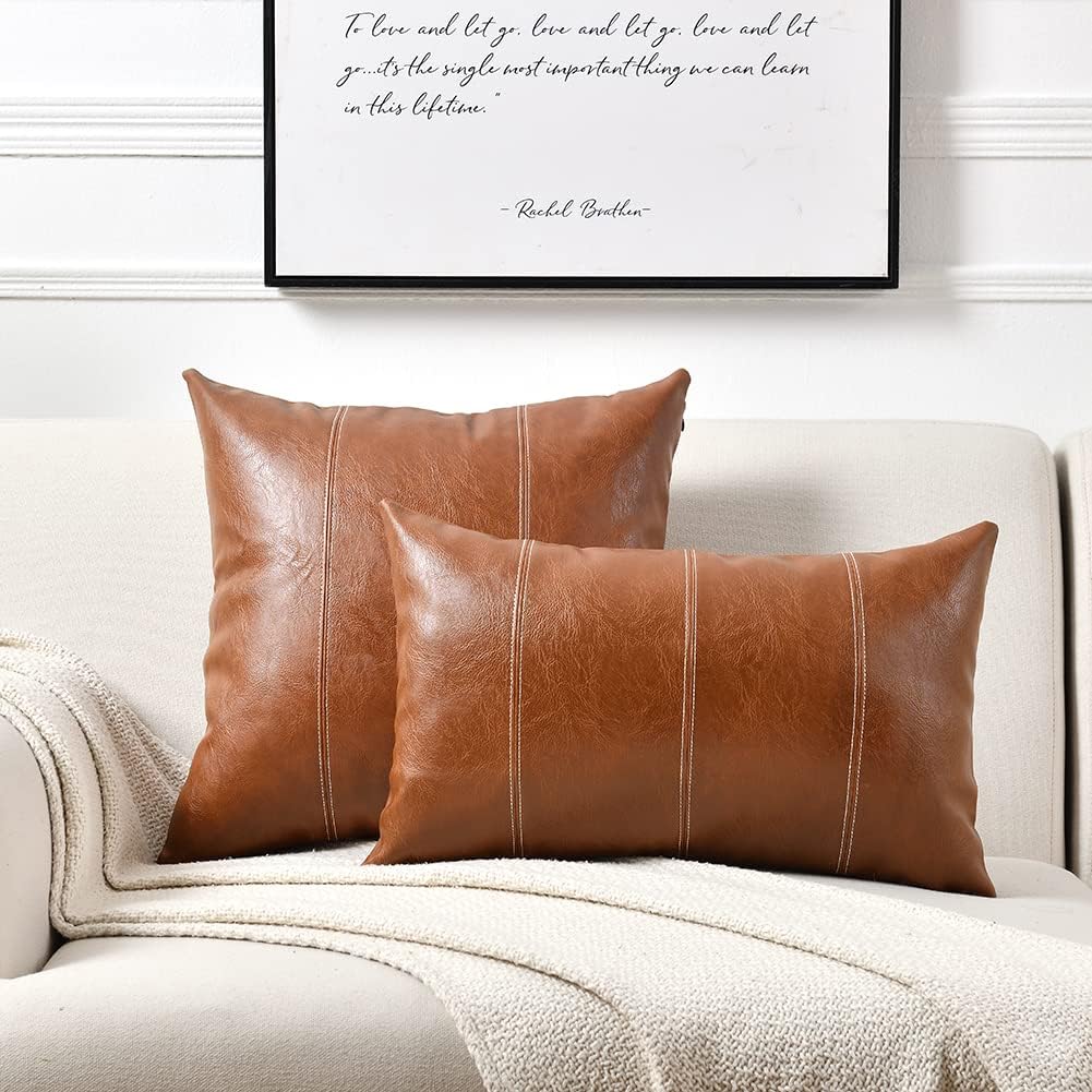 Fancy Homi Brown Boho Lumbar Faux Leather Decorative Throw Pillow Covers 12x20 Inch for Living Room Couch Bed Sofa, Hand Stitched Rectangle Cushion Case 30x50 cm, Rustic Modern Farmhouse Home Decor