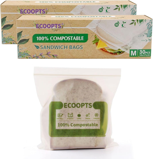 100% Compostable Sandwich Zip Bag | ECO-Friendly Food Storage Bags | Freezer Bag | Plant-Based BPA-free | Seal well for Fruit,Food and Snack (2, Medium)