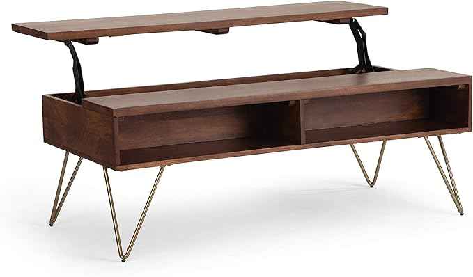 SIMPLIHOME Hunter Lift Top Coffee Table - 48 inch Wide Solid Mango Wood and Metal Industrial Cocktail Table in Umber Brown, Functional Living Room Table with 2 Storage Cubbies and Hairpin Legs