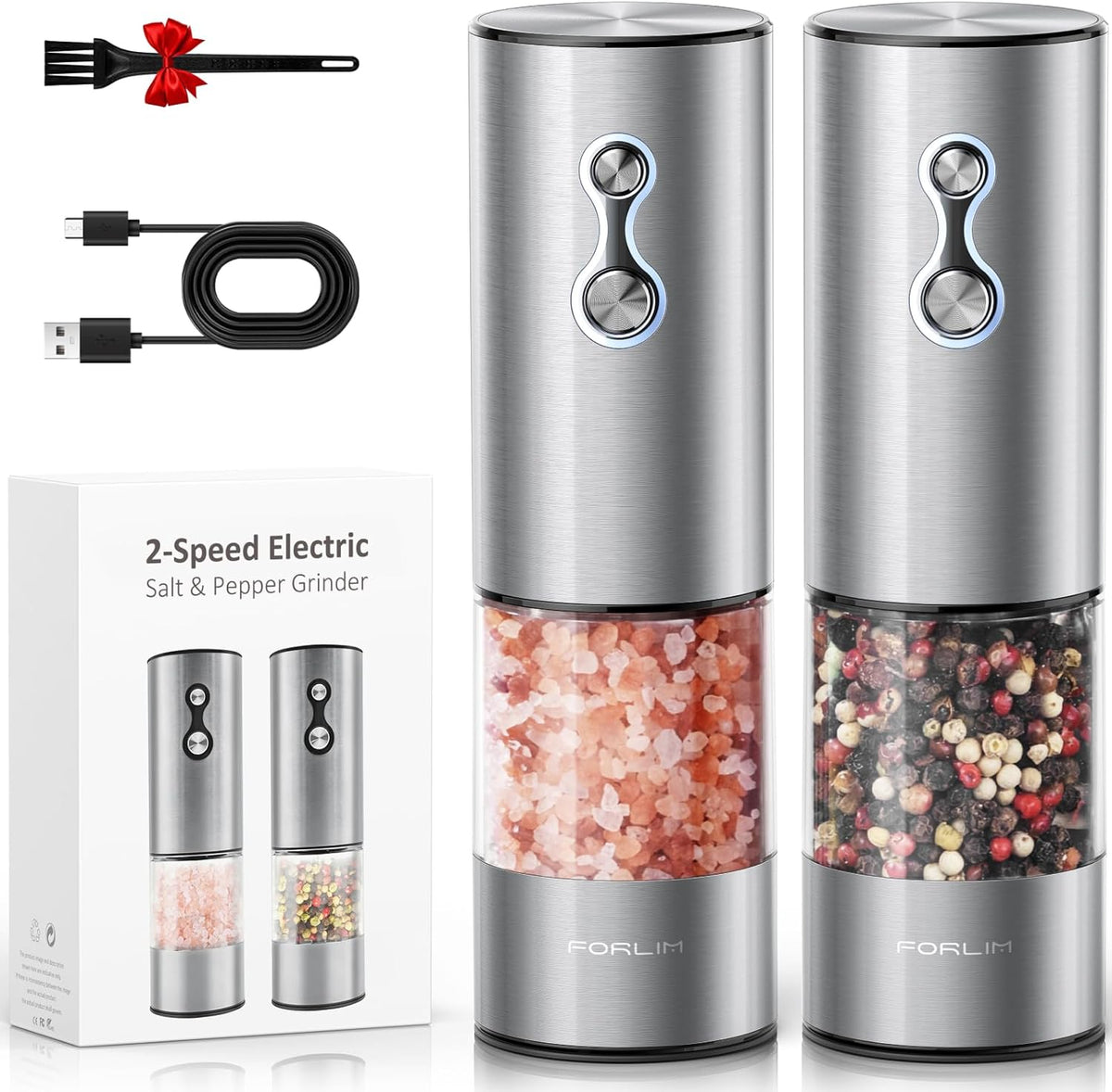 FORLIM Rechargeable Electric Salt and Pepper Grinder Set, Dual-Speed Control, Stainless Steel Automatic Salt & Pepper Mill with Dust Cover, 2 LED Lights, Adjustable Coarseness (2-Pack, Glossy Silver)