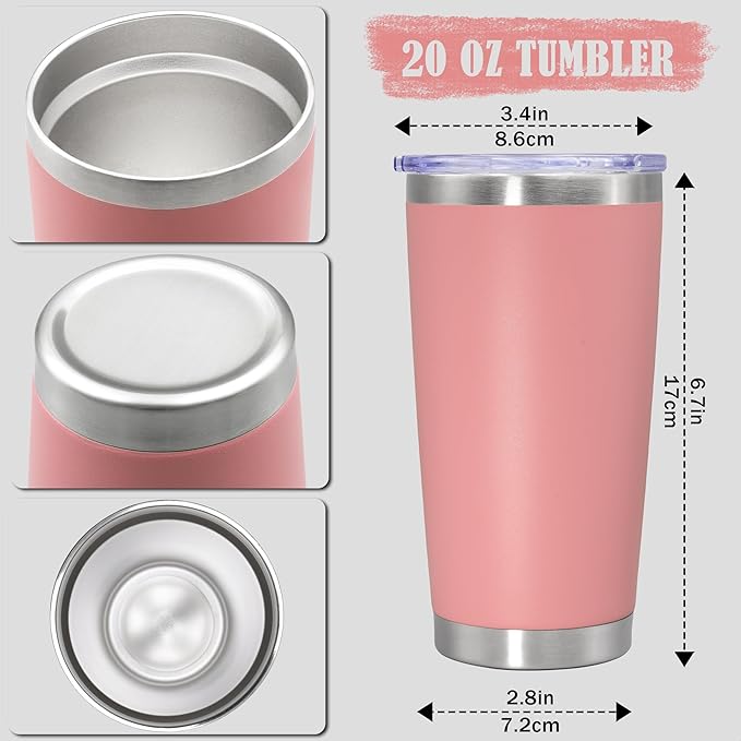 20 oz Tumbler Coffee Travel Tumblers Bulk with Lid Stainless Steel Double Wall Vacuum Insulated Mug Powder Coated Cups fit Car Cupholder for Hot and Cold - Pink, 8Pack