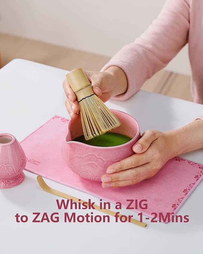 ZENS Pink Matcha Set, Matcha Whisk Set Includes Ceramic Bowl, Matcha Whisk and Chasen Holder, Bamboo Scoop-Tea Towel, 5pcs Matcha Kit Set for Matcha Lovers, Sakura Pink