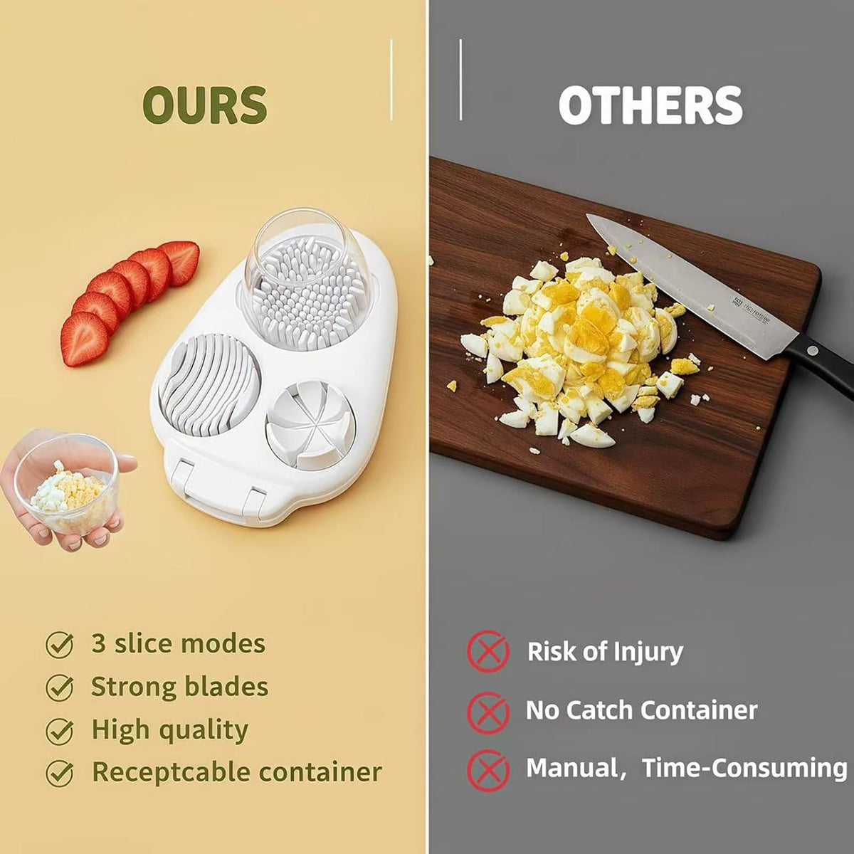 3 in 1 Egg Slicer Dicer & Cuber for Hard Boiled Eggs - Heavy Duty Stainless Steel, 3 Slice Modes Kitchen Gadget for Strawberry, Grape, Cherry Tomato - Easy to Clean, Dishwasher Safe (White)
