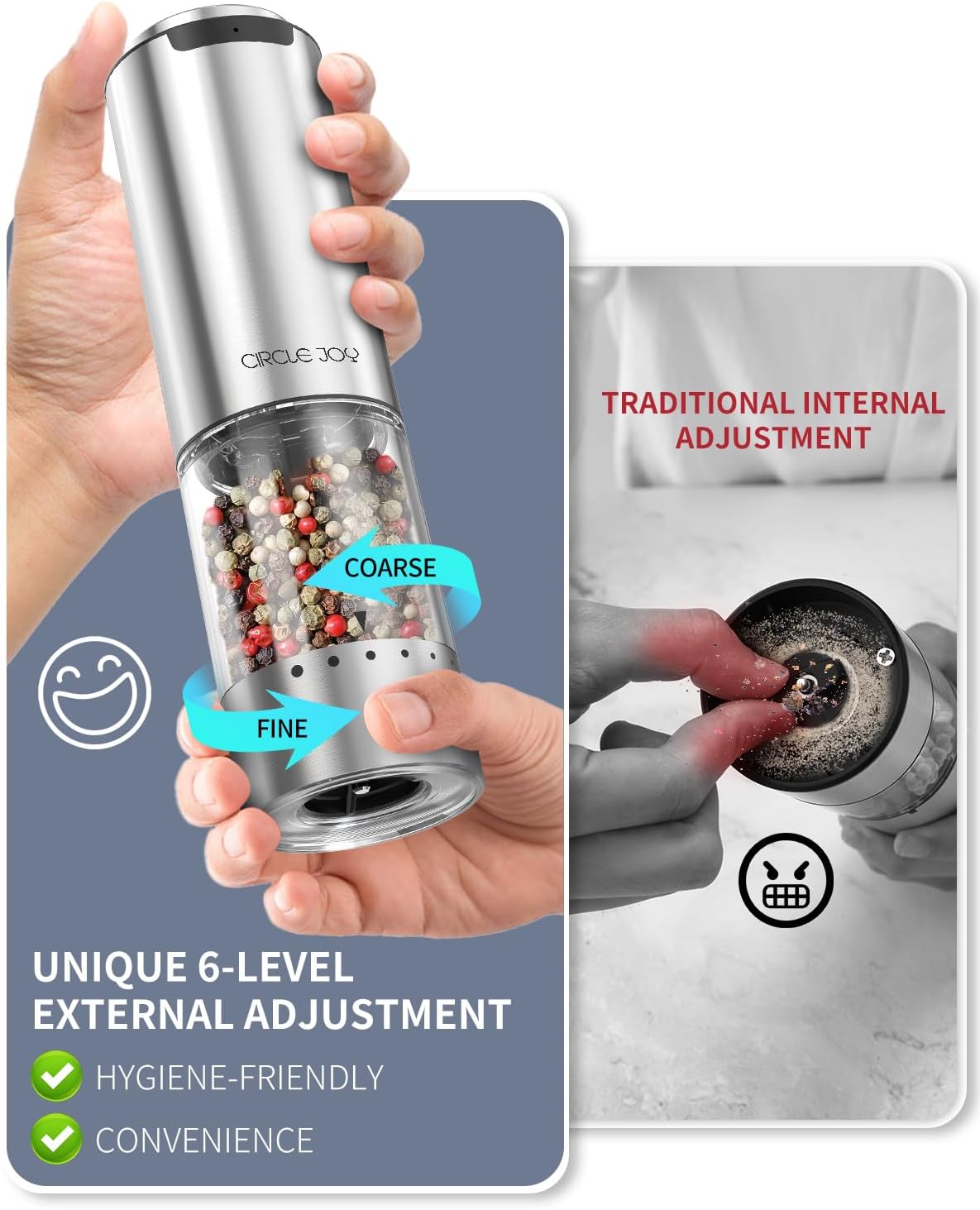 CIRCLE JOY Rechargeable Electric Salt and Pepper Grinder Set with Base, Stainless Steel Pepper Mills with 95ml Container, White LED Light and External Adjustable Coarseness, Silver