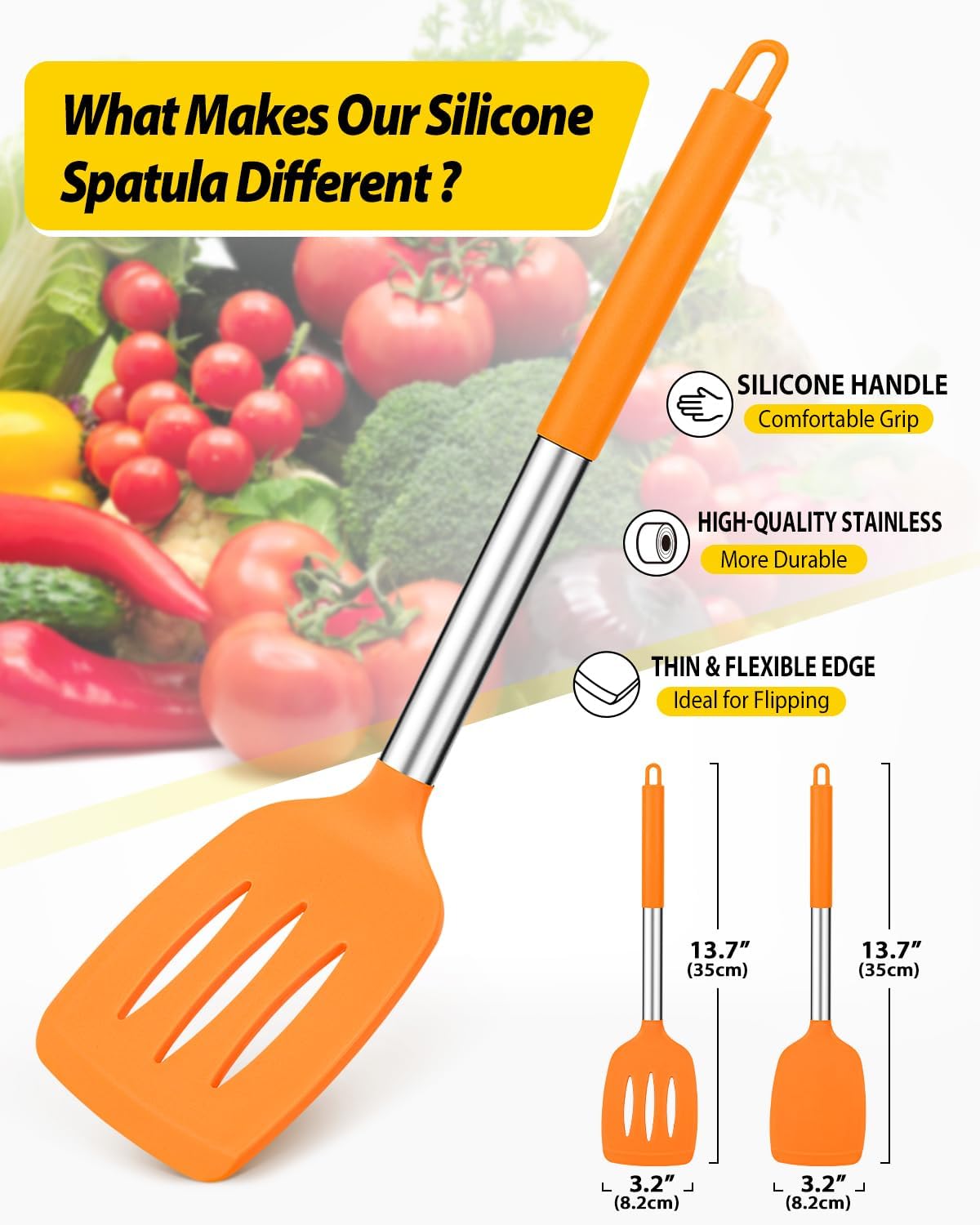 Pack of 2 Silicone Solid Turner, Non Stick Slotted Kitchen Spatulas, High Heat Resistant BPA Free Cooking Utensils, Ideal Cookware for Fish, Eggs, Pancakes (ORANGE)