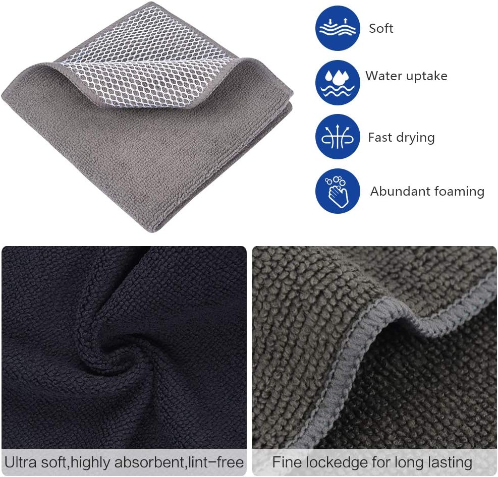 SINLAND Microfiber Dish Cloth for Washing Dishes Best Kitchen Washcloth Cleaning Cloths Poly Scour Side 12inchx12inch 5 Pack (Blue+White+Grey+Brown+Black)