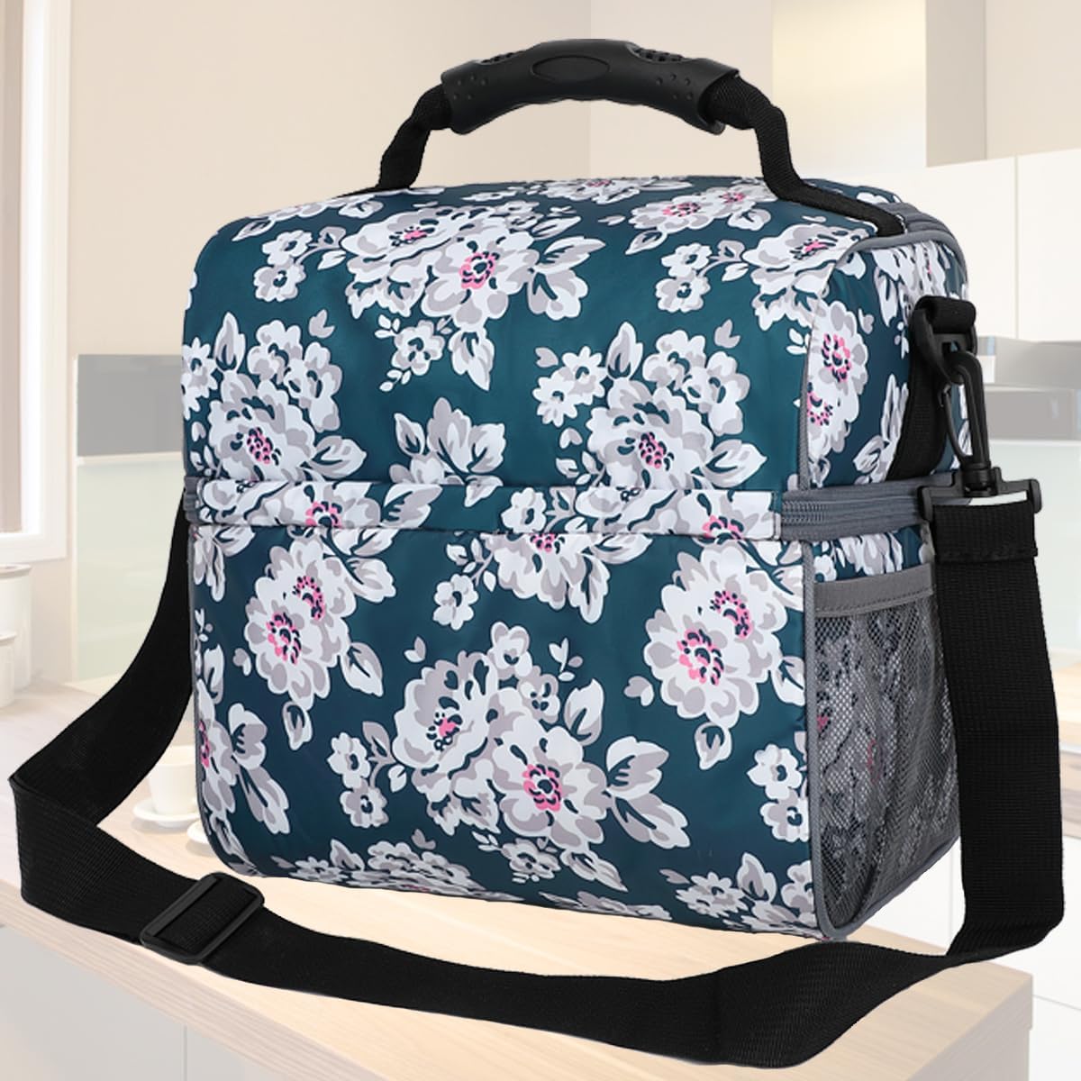 FlowFly Double Layer Cooler Insulated Lunch Bag Adult Lunch Box Large Tote Bag for Men, Women, With Adjustable Strap,Front Pocket and Dual Large Mesh Side Pockets