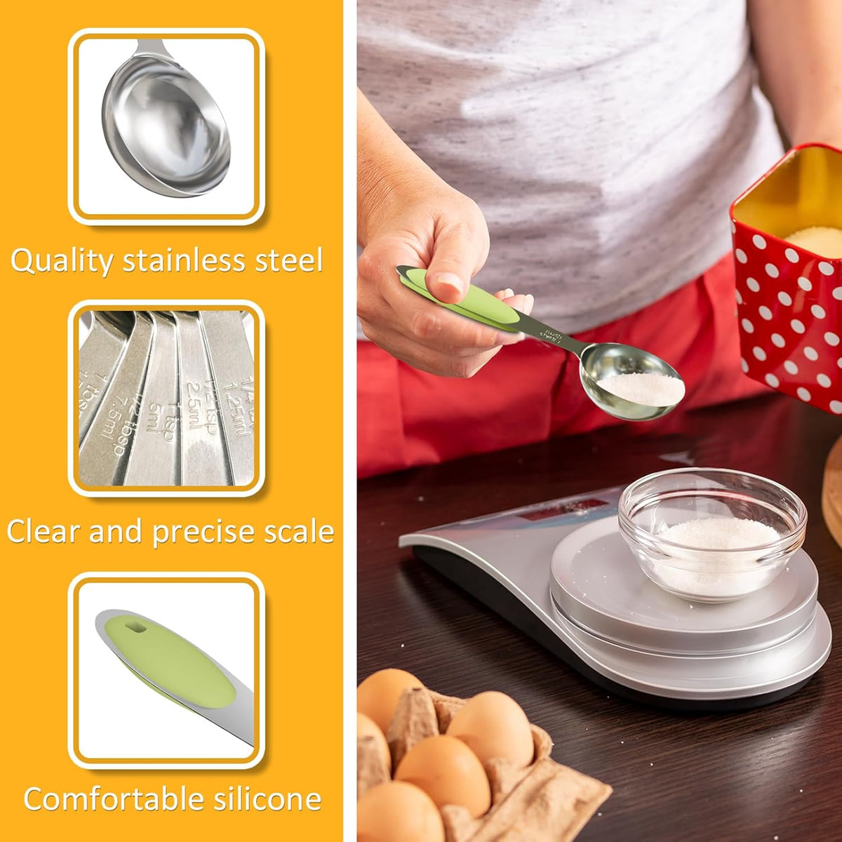 1PCS 1 Tbsp(3tsp, 1/2oz, 15ml) Single Measuring Spoon with Green Silicone Grip, Stainless Steel Individual Measure Scoop Only
