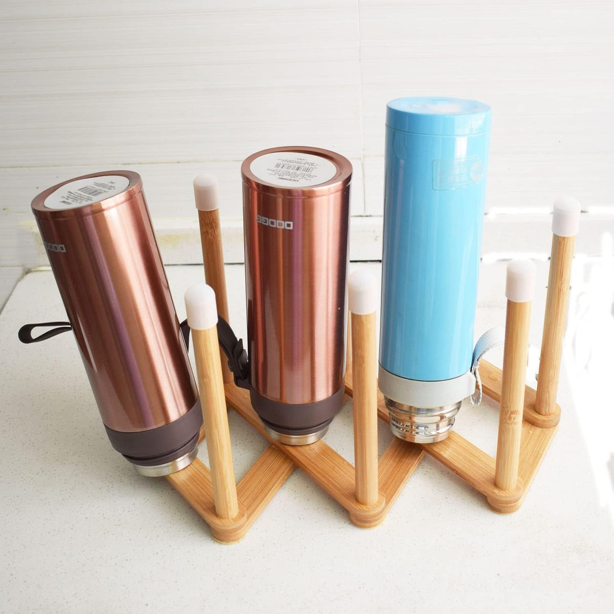 Bamboo Retractable Bottle Drying Rack Cup Dish Drying Racks,Sports Water Bottle and Mug Drainer Stand, Plastic Bag Dryer Rack and Multifunctional Drying Rack for Kitchen Countertop
