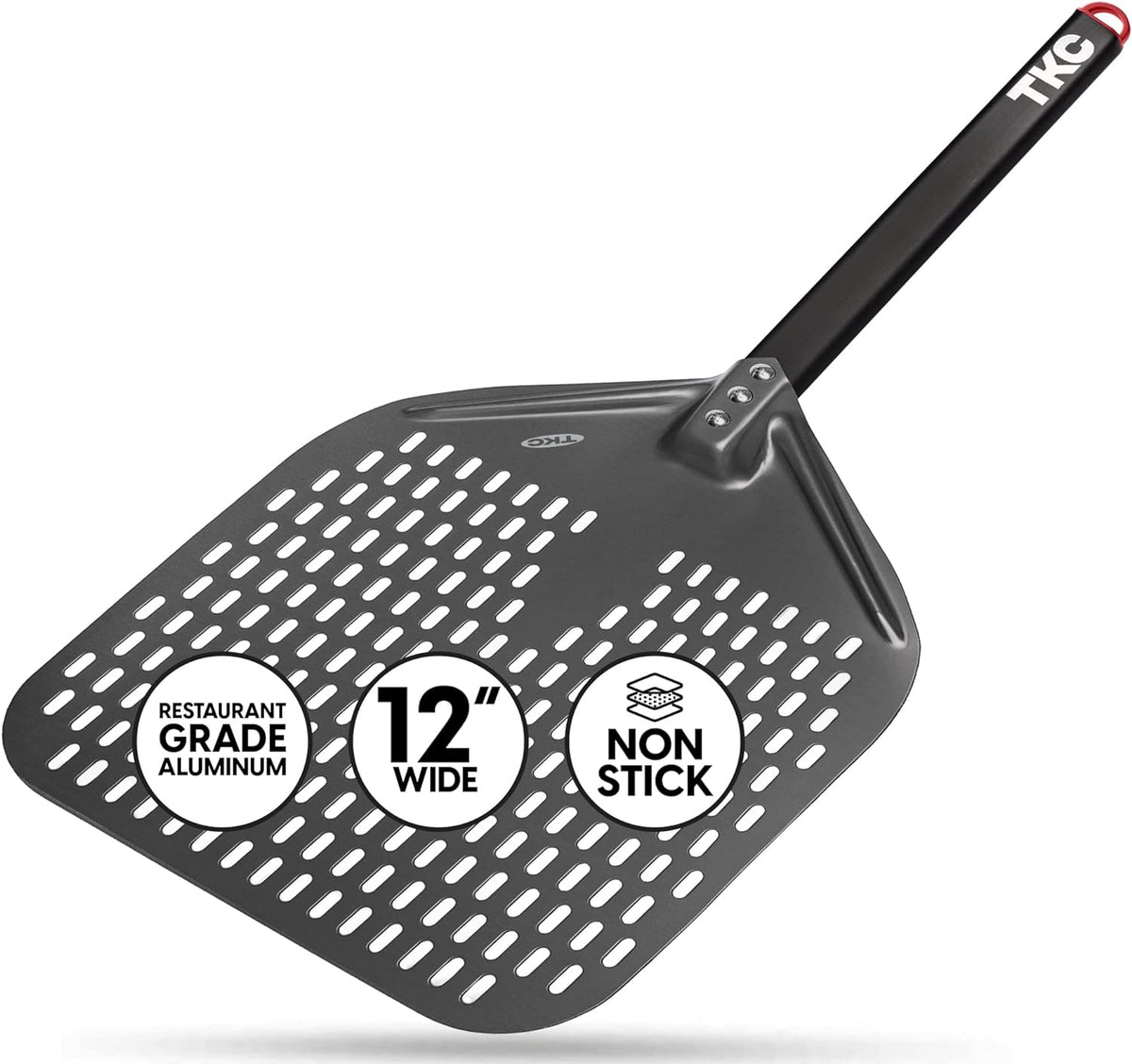 TKC Perforated Pizza Peel - 12" Metal Pizza Turner compatible with All Ovens, Indoor & Outdoor Use, Durable and Heat-Resistant Handle, Lightweight Pizza Spatula (Black)