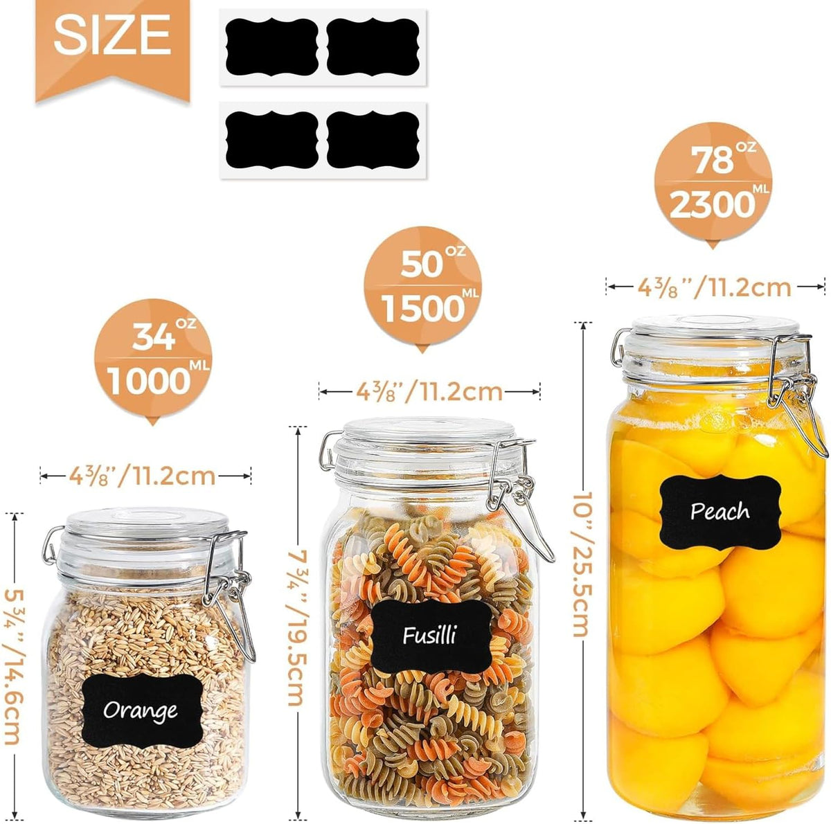 ComSaf Airtight Glass Canister Set of 3 with Lids 34oz Food Storage Jar Square - Storage Container with Clear Preserving Seal Wire Clip Fastening for Kitchen Canning Cereal,Pasta,Sugar,Beans,Spice