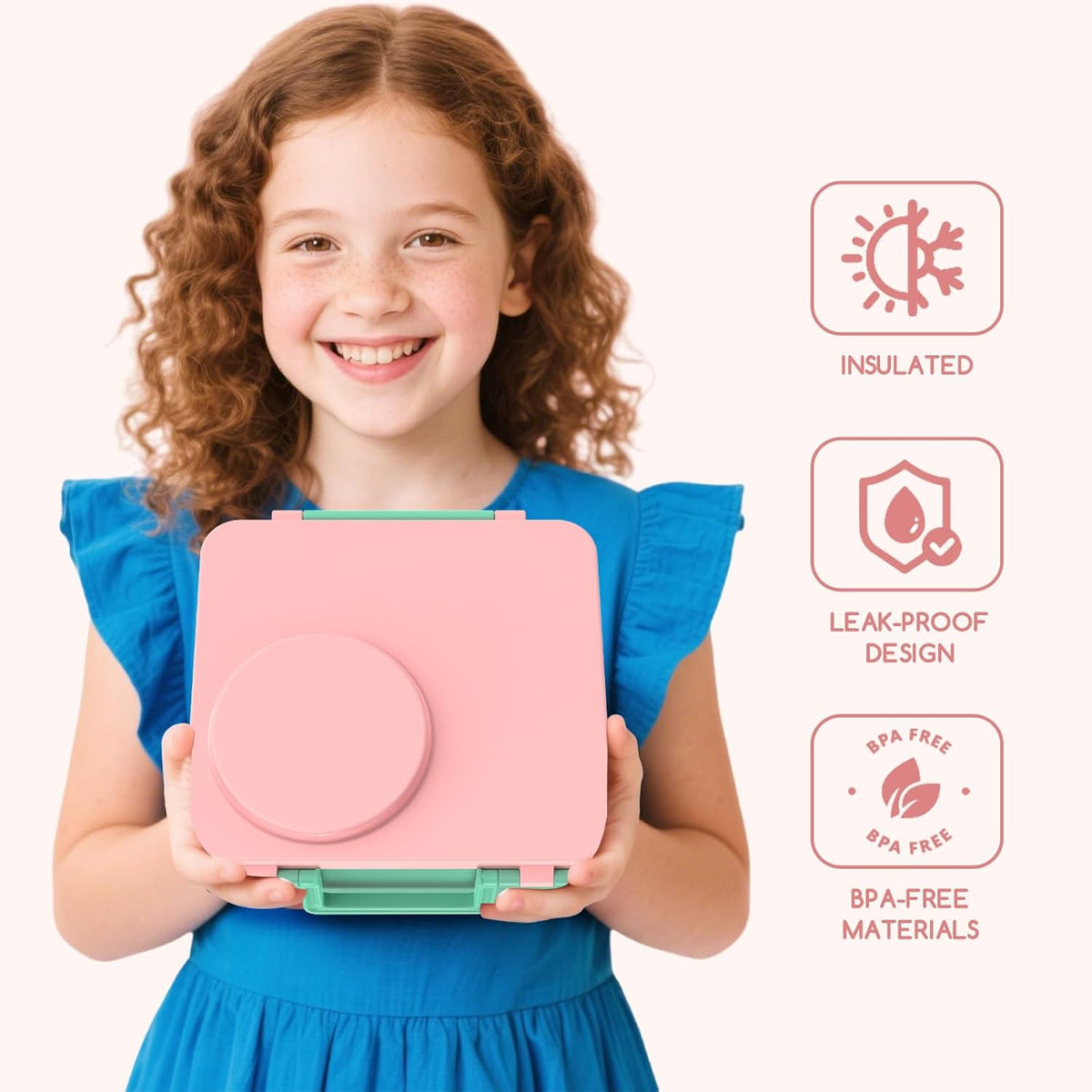 Bento Box for Kids - Leak-Proof Lunch Box with Insulated Thermos Food Jar - 4 Compartments, 1 Removable Divider, 1Spoon, 1 Fork - Dishwasher Safe, BPA-Free (Light pink)