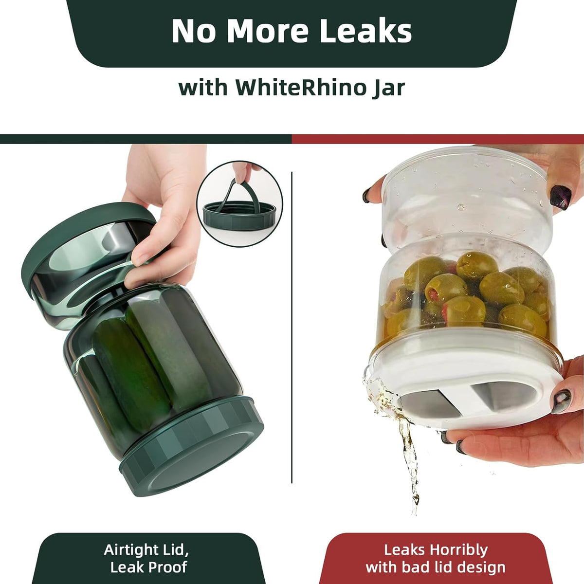 WhiteRhino Pickle Jar with Strainer Flip,34oz Pickle Container with Strainer,Glass Pickle Flip Jar Leakproof Airtight Lid,Hourglass Juice Separator Pickle Jar for Olive, onions, gherkin