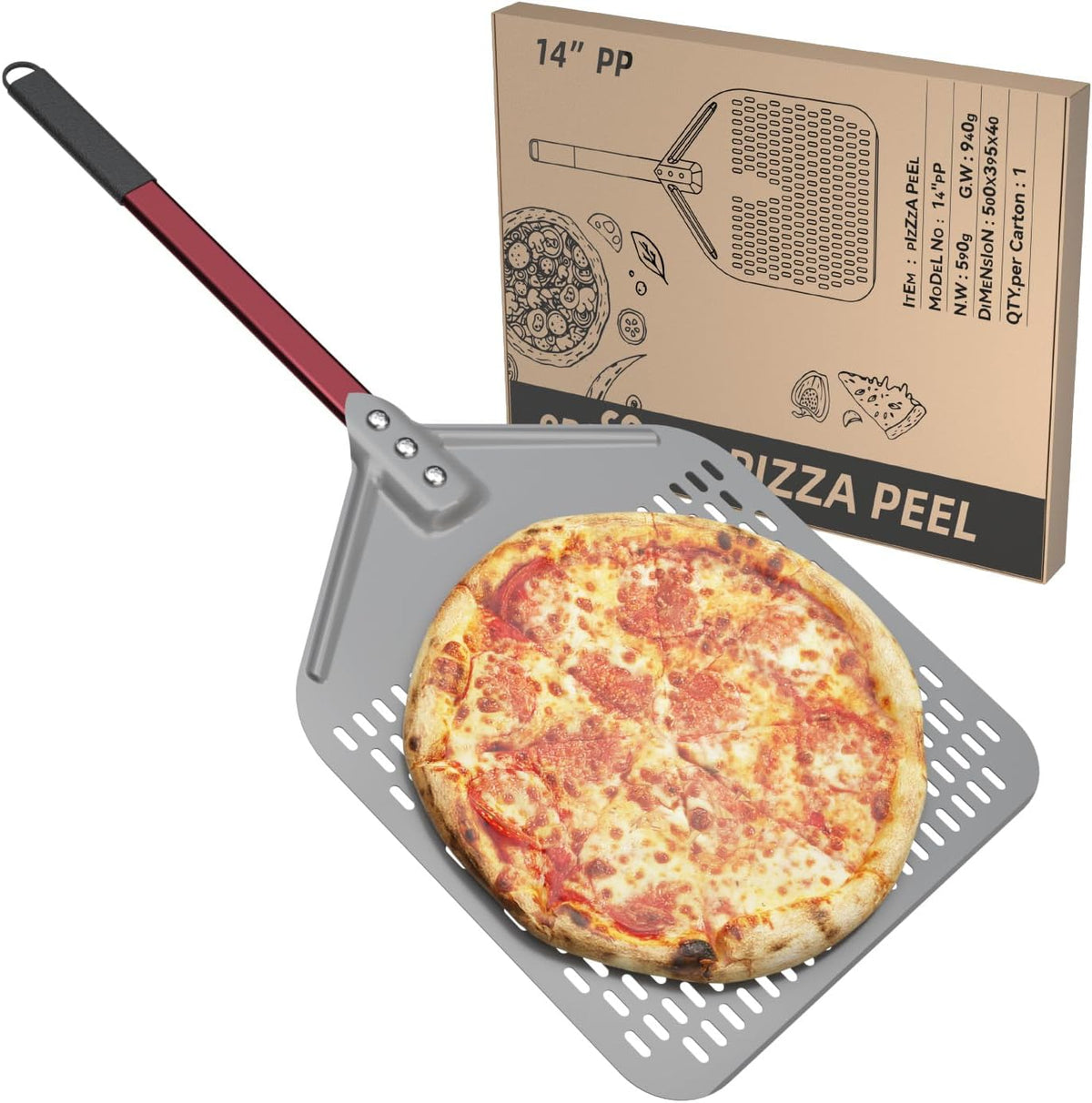 crosson 14”×18“ Perforated Pizza Peel, Pizza Spatula Paddle, Lightweight Pizza Turning Peel with 16“ Long Handle, Pizza Oven Accessories, Pizza Tools, Rectangle Pizza Turner