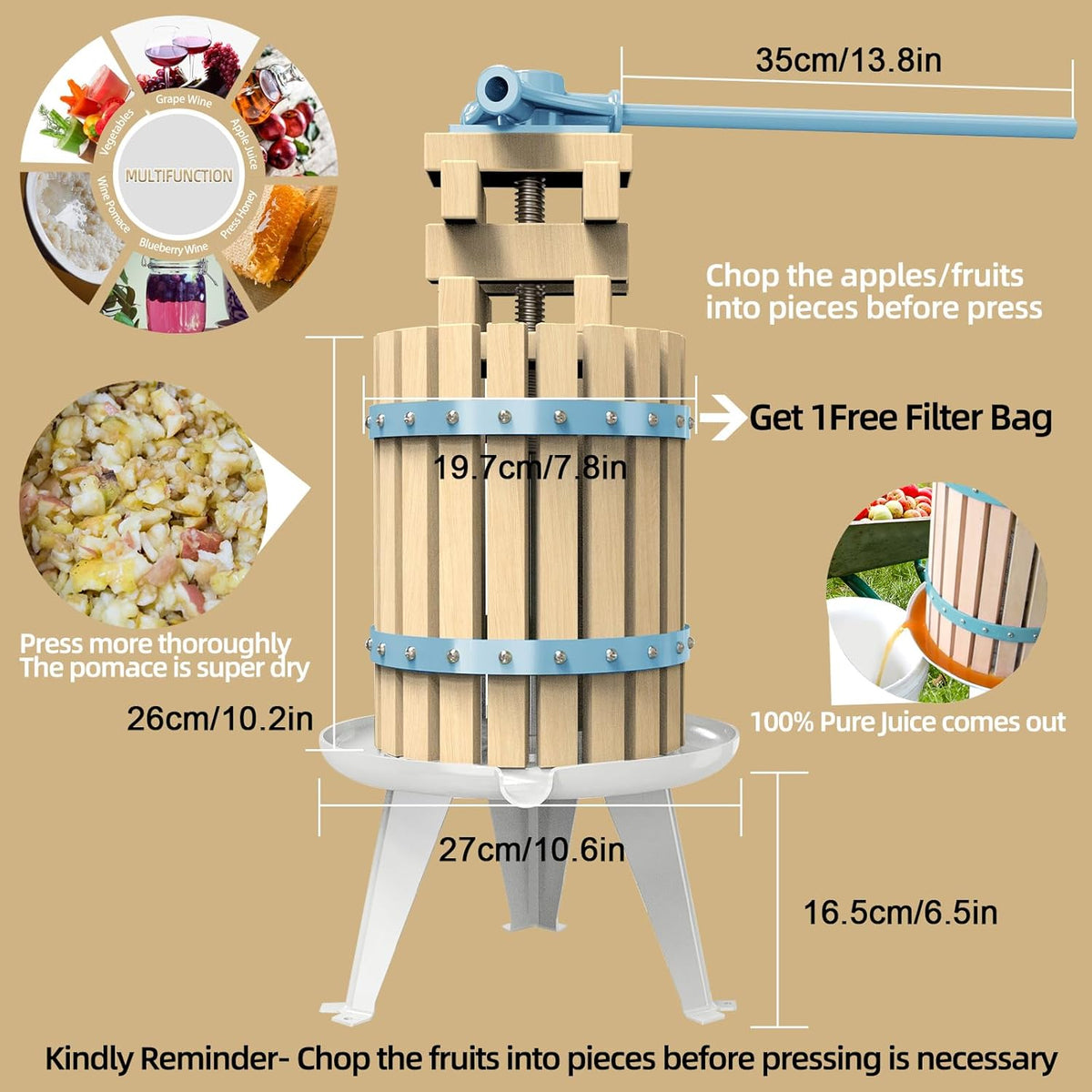 SQUEEZE master Fruit Apple Cider Wine Classic Press-Blue-1.6 Gallon/6L-Solid Wood Basket-Vintage traditional juicer-Pole Handle Bar for Juice,Wine,Cider-1 free filter bag included