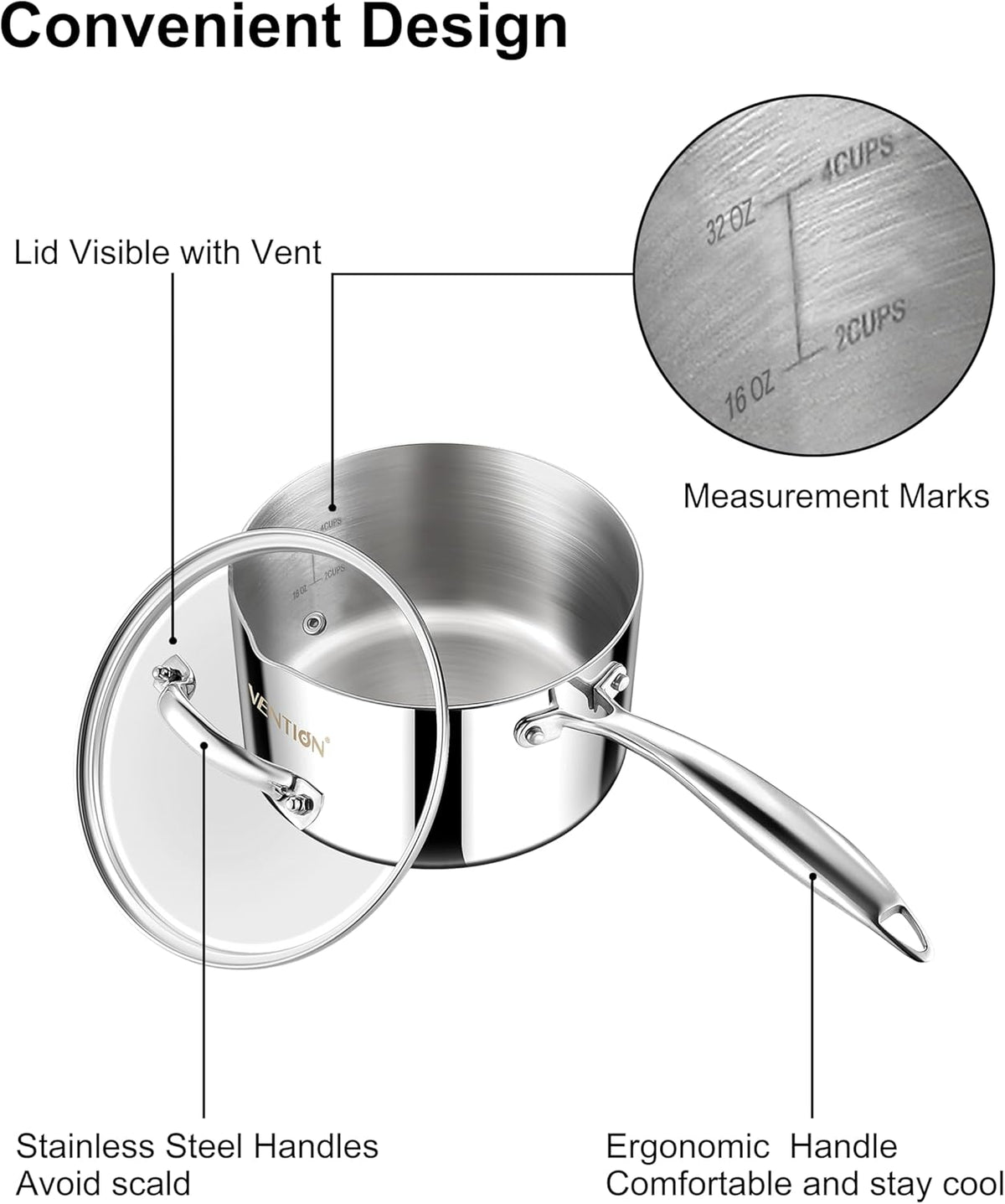 VENTION Tri-Ply Stainless Steel 1 Quart Saucepan with Lid, Bright Small Sauce Pan with Pour Spout, Small Pots for Cooking, Right Hand