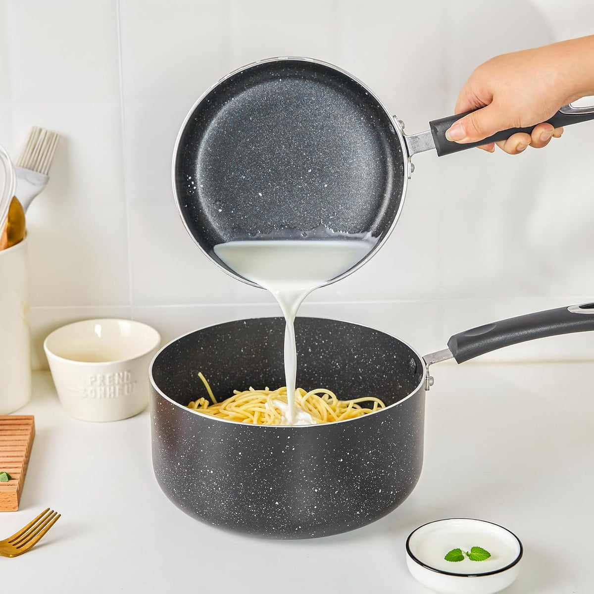 Nonstick Saucepan with Lid, Non Stick 1Qt & 2Qt & 3Qt Sauce Pan Set with Silicone Handle,Small Milk Pot with Glass Lid for Home Kitchen