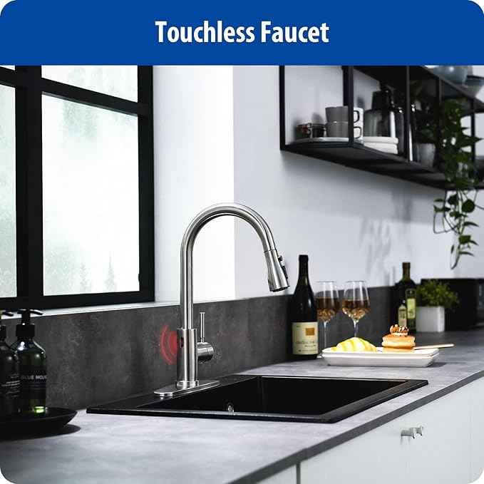 WEWE Touchless Kitchen Faucet with Pull Down Sprayer - Single Handle Kitchen Faucets Smart Motion Sensor Stainless Steel Brushed Nickel Sink Faucet