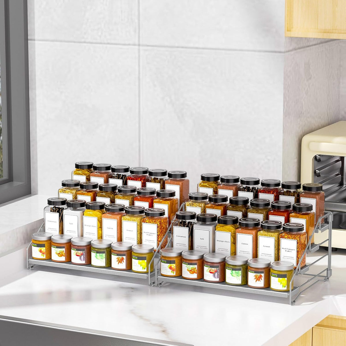 4 Tier Spice Rack Organizer for Cabinet, Spice Rack Organizer, Depth Adjustable Spice Organizer for Cabinet, Countertop, Cupboard, Pantry, Seasoning Shelf, Metal, Gray (2 Pack)