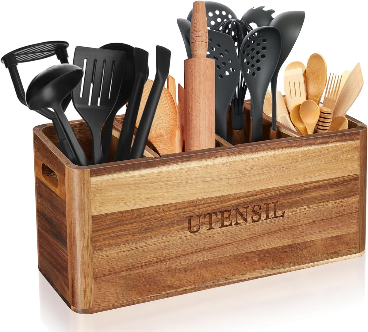 Kitchen Utensil Holder with 4 Compartments, Large Acacia Wood Utensil Caddy Storage Caddy Organizer Countertop for Flatware Silverware Fork Spoon Spatula