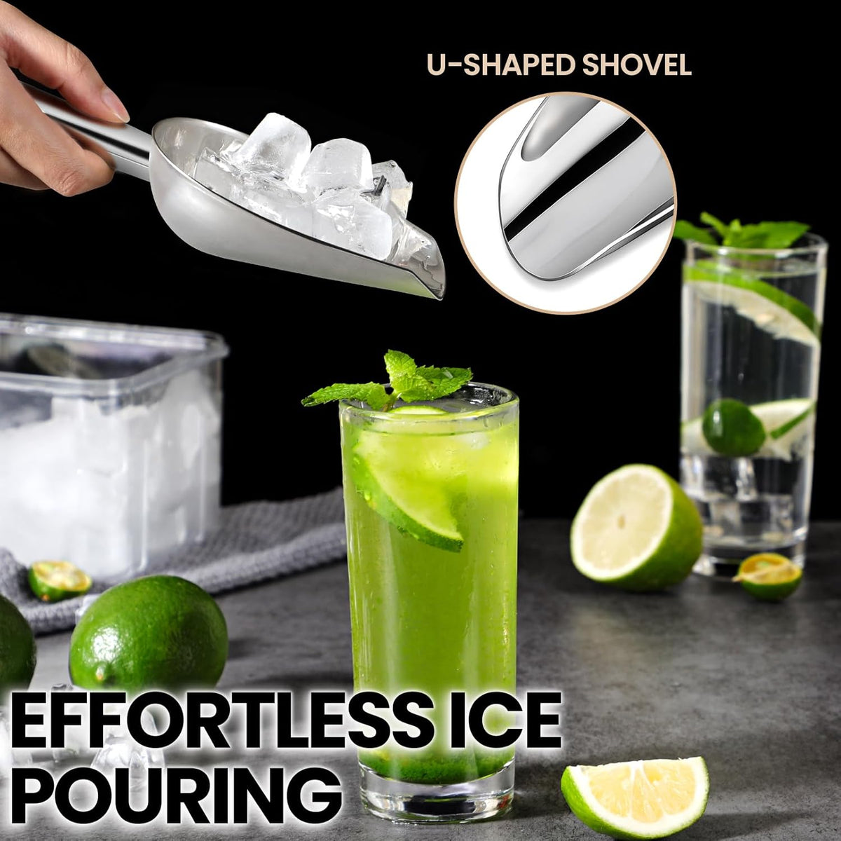 18oz Stainless Steel Ice Scoop for Freezer – Dishwasher Safe Metal Scooper with Long Handle for Ice Machines, Buckets, Dog Food, Flour, and Canisters – Ideal for Bar, Parties & Weddings