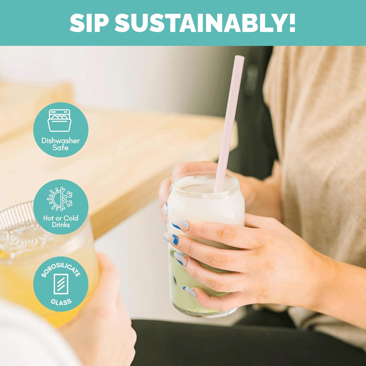 Simply Straws 8 Inch Glass Straws Straight (6-Pack) – Reusable Glass Straws for Pints & Juice Drinkware, with Cleaning Brush – Dishwasher Safe, Hot & Cold Use, BPA-Free (Fjord Mist)