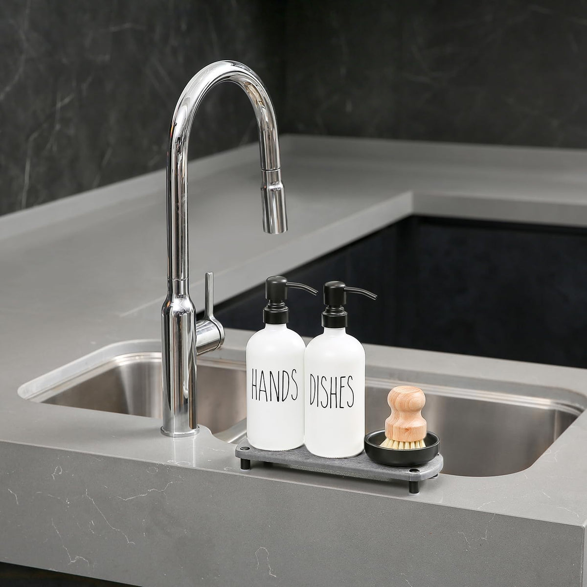 MOMEEMO White Soap Dispenser Set Comes with Stainless Pumps, Black Instant Dry Tray, and Dish Scrub Brush, Suitable for Kitchen Decor and Accessories. (White & Black)