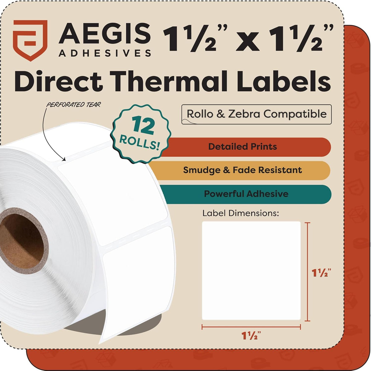 Aegis Adhesives - 1 ½” X 1 ½” Square Direct Thermal Multipurpose Labels for QR Codes, Barcodes, Perforated & Compatible with Zebra Desktop Printers - NOT Rollo Compatible (12 Rolls, 900/Roll)