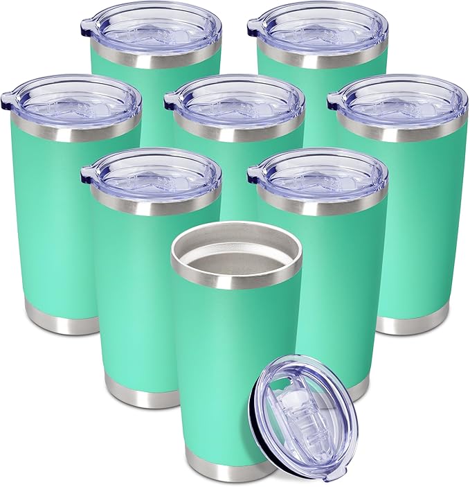 20 oz Tumbler Coffee Travel Tumblers Bulk with Lid Stainless Steel Double Wall Vacuum Insulated Mug Powder Coated Cups fit Car Cupholder for Hot and Cold - Light Blue, 8Pack