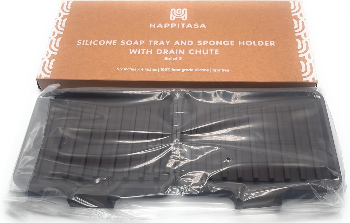 Happitasa Silicone Soap Dish Tray and Sponge Holder with Drain Chute, Pack of 2 | Bathroom and Kitchen Sink Organizer Caddy (Dark Chocolate, 5.2"x4", 7.2 Ounces)