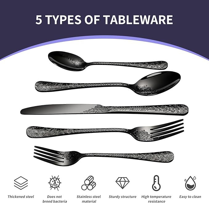 Floral 20 Pcs Black Silverware Set for 4, Food Grade Stainless Steel Flatware Set with Rose Flower Embossed Design, Eating Utensils Sets Include Fork/Knife/Spoon, Reusable Cutlery Set, Dishwasher Safe