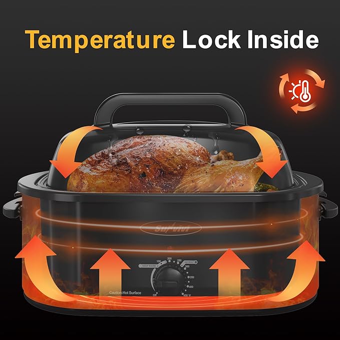 Sunvivi Roaster Oven, Electric Roaster Oven with Viewing Lid, 30lb 26-Quart Turkey Roaster with Unique Defrost/Warm Function, Large Roaster with Removable Pan & Rack, Stainless Steel, Black