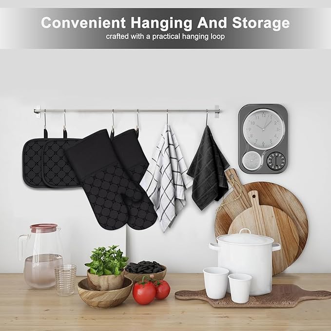 Oven Mitts Kitchen Towels Dishcloths with Pot Holders Sets 12PCS, Dish Towels Sets, Oven Gloves Pot Pads Heat Resistant 500 Degrees with Non-Slip Silicone Surface for Cooking Baking Grilling Black