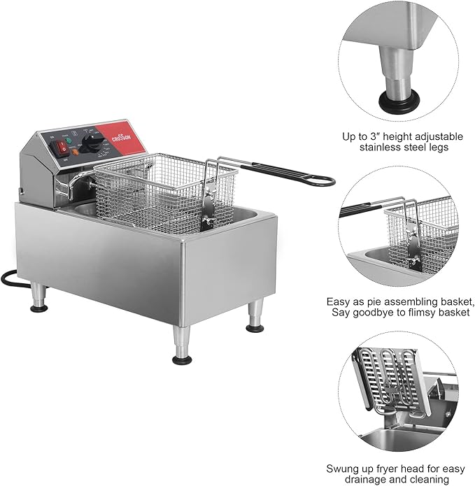CROSSON ETL Listed 13Lbs Electric Deep Fryer Countertop with Easy-assembling Solid Basket,Removeable Oil Container for Restaurant Home Use-120V,1800W Commercial Deep Fryer
