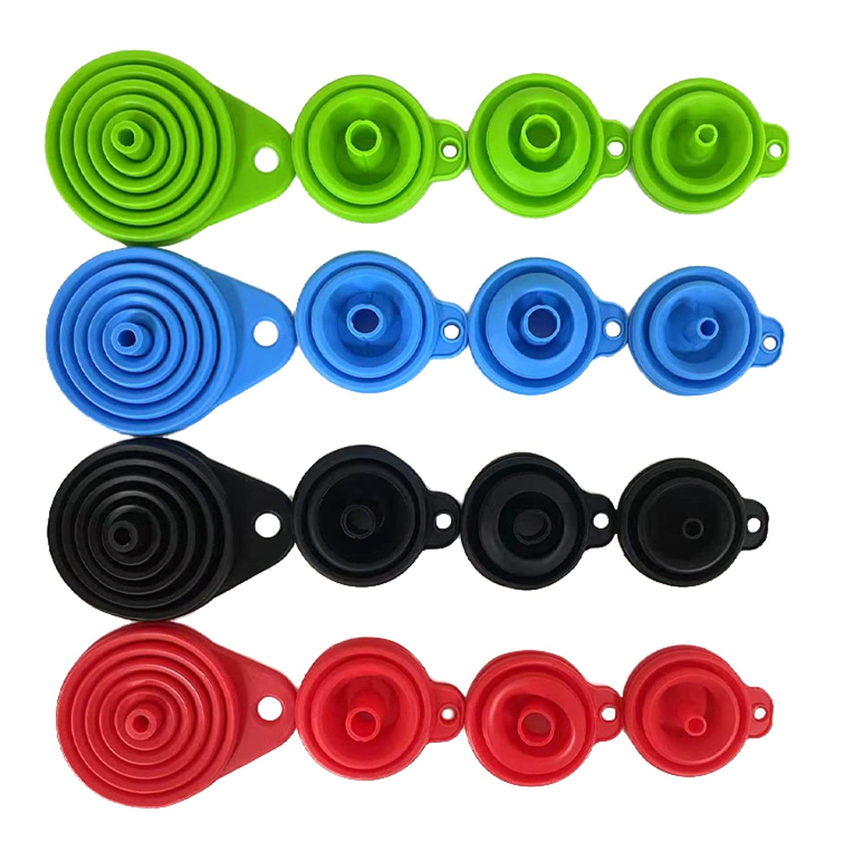 Set of 4 Silicone Collapsible Kitchen Funnel - X-Small to Large Sizes for Easy Liquid Transfer Food Grade Silicone Collapsible Gadgets (Black)
