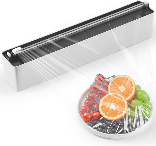 Magnetic Plastic Wrap Dispenser with Cutter - Practical Refillable Aluminum Tin Foil and Plastic Wrap Organizer for Drawer, Including an Extra Roll of 12"X 164' Food Cling Film - Black