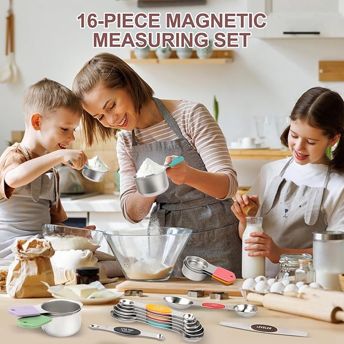 16-Piece Stainless Steel Measuring Cups and Spoons Set, Strong Magnetic Nesting Design 7 Cups 8 Spoons with Leveler, Double Measurement Markings for Dry & Liquid Ingredients, Colorful